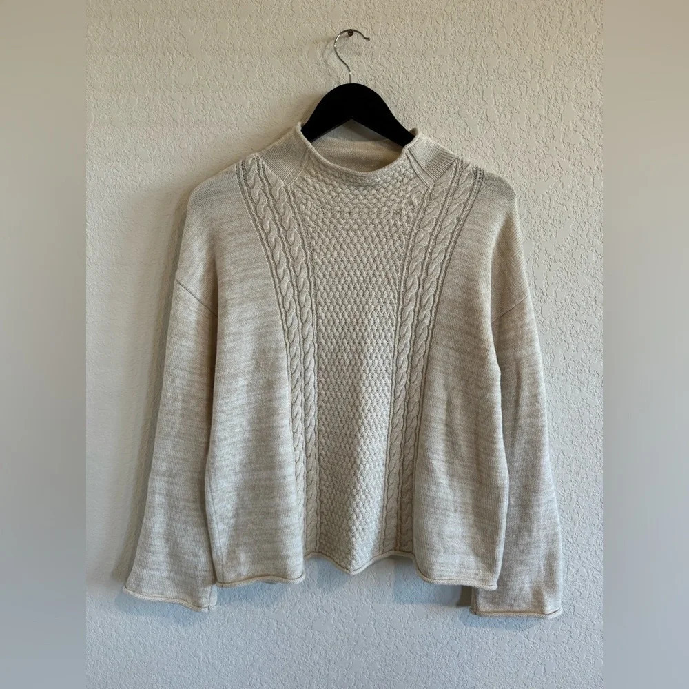 SWTR Bell Sleeve Cable Knit Cotton Cashmere Blend Sweater Ecru‎ Combo XS Neutral